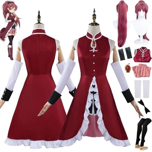 Image of bbganlian Anime Puella Magi Madoka Magica Sakura Kyoko Cosplay Costume Outfit Role Play Uniform Full Set Halloween Party Carnival Dress Up Suit with Wig Headdress for Women (S)