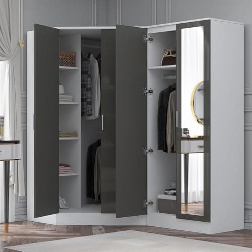 Image of Reflect 2 Piece Wardrobe Bundle | 2 Door Corner + 2 Door Mirror | Grey Gloss & Matt White Finish | H: 180cm x W: 179cm x D: 103cm | Modern Bedroom Furniture Storage Solution