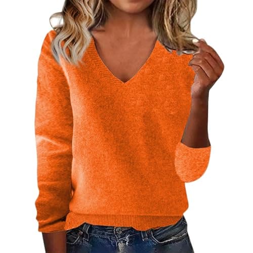 Image of Shffuw Women's Solid Color V Neck Cashmere Jumpers Loose Lightweight Thermal Long Sleeve Sweaters Fashion Comfort Stretchy Style Jumper for Autumn Winter Fashion Elegant Sweater Orange