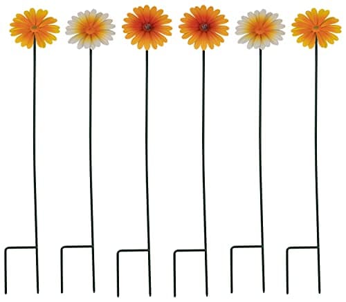 Image of Woodside Ornamental Metal Daisy Stakes, Yellow & Orange Novelty Flowers for Garden Borders & Pathways, Height 60cm, pack of 6