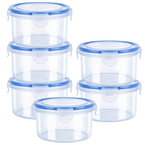 Image of Food Containers with Lids, 6 Pack 600ml Plastic Reusable Snack Pots with Clip Lock, Round Clip Lock Food Containers, Leak-Proof Small Storage Container Set Stackable for fruits yoghurt fridge & Travel
