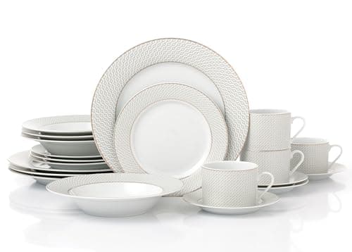 Image of Waterside 20pc Premium Diamond Decor with Gold Band Porcelain Dinnerware Set; 4 Dinner Plates, 4 Side Plates, 4 Soup Bowls and 4 Cups & Saucers