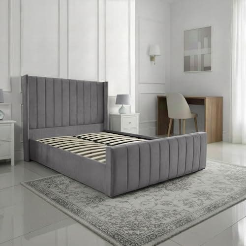 Image of SANA SLEEP 5FT Ottoman Panel Wing Plush Velvet Upholstered Bed Frame With Storage Option - Plush Grey