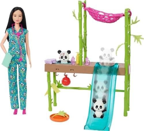 Image of Barbie Doll and Accessories, Panda Care and Rescue Playset Vet Doll, 2 Pandas with Color-Change Transformation and 20+ Pieces, HKT77