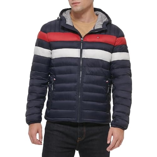 Image of Tommy Hilfiger Men's Water Resistant Ultra Loft Filled Hooded Puffer Jacket, Navy/Red, XXL