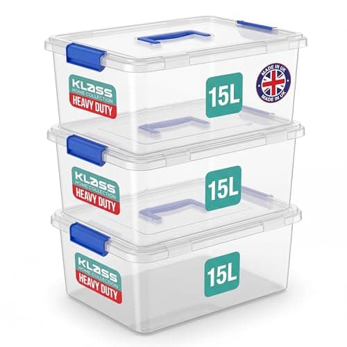 Image of Klass Home Collection 3 x 15 Litre Storage Boxes with Lids Set of 3, Clip-Lock Lid, Sturdy 15L Clear Stackable Plastic Storage Box With Lid Containers For Home, Kitchen, Moving, Garage & Office
