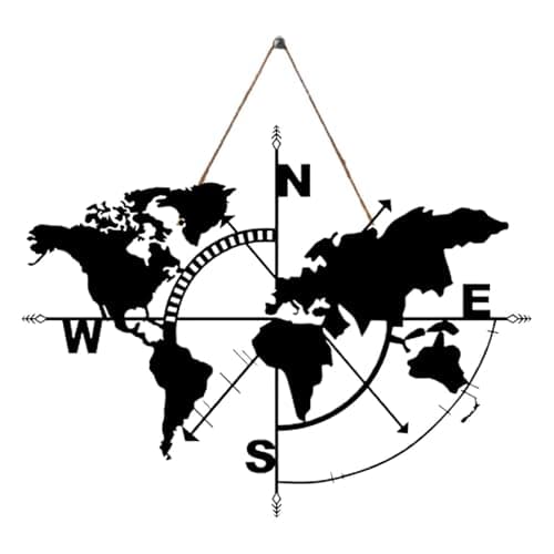 Image of Metal World Map Wall Decor – Compass Design Artwork, Silhouette Landmark Panel | Educational Geography Learning Piece, Inspirational Travel Theme Cutout, Vintage Display Sculpture Set for Kids Study
