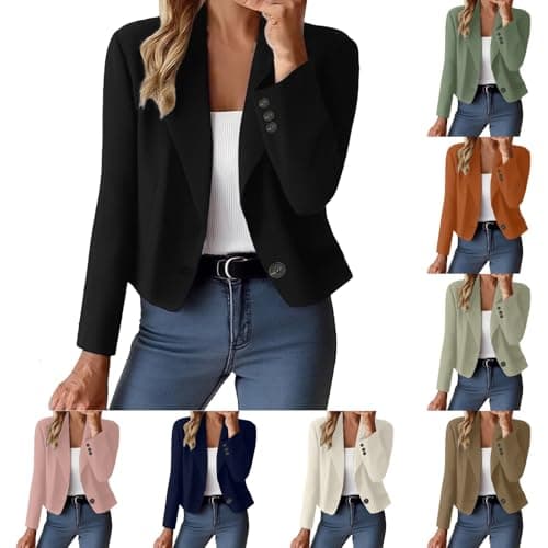 Image of EMUKFD Ladies Jackets Casual Smart Blazer Long Sleeve Summer Cropped Jackets Open Front Lightweight Cardigans Ladies Business Work Elegant Suit Jacket Office Wear Wedding Formal Outfits Black