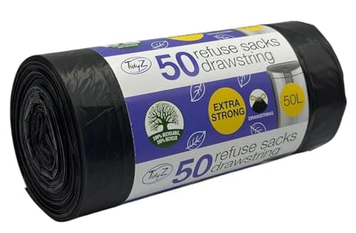 Image of 50 TidyZ Heavy-Duty Black Bin Bags. Made from 100% Recycled Plastic. Extra Strong Refuse Sacks. With Drawstring. 50L. For Kitchen, Office, General Household Waste. Leakproof
