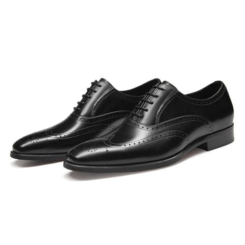 Image of FRASOICUS Men’s Dress Shoes with Genuine Leather in Classic Brogue Elastic Band Oxford Formal, Black