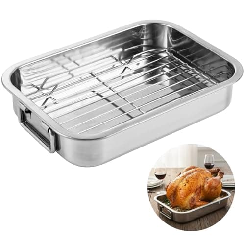 Image of Roasting Pan with Rack & Handles, 430 Stainless Steel Roaster Pan for Oven, Heavy-Duty Rectangular Baking Tray for Meat, Turkey, Seafood, Vegetables, 9.8 x 7.1 x 2