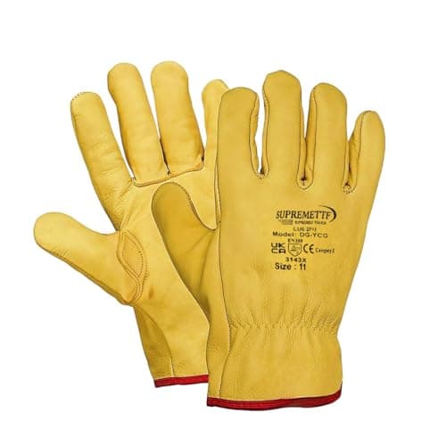 Image of Supreme TTF 5 Pairs Yellow Leather Gloves HGV Drivers Hand Safety Fleece Lined Lorry Driving Work Glove (L (9))