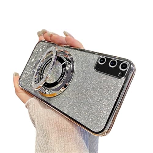 Image of SIYOPINPFY Case for Samsung Galaxy S20 5G Case Glitter Sparkly Diamond Deluxe Plating Silicon TPU Soft Cover Camera Protector with Magnetic Ring Stand Holder for Samsung Galaxy S20 5G, Shiny Silver
