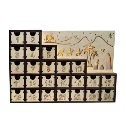 Image of Wooden Nativity Scene Advent Calendar Cabinet With LED Light, Nativity Countdown Ornament With Wooden Silhouettes And Stars Design, For Permanent LED Lighting Religious Christmas Decoration
