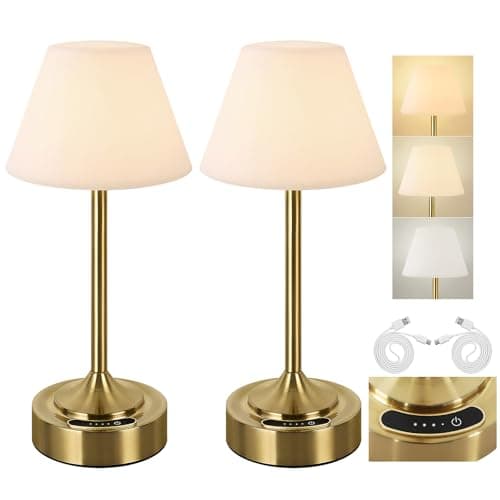 Image of OUTON Rechargeable Cordless Table Lamp, 3 Color Temperatures & Stepless Touch Dimming, Battery Indicator & USB-C, Portable Waterproof Wireless Night Light for Bedroom, Bathroom, Dining, Patio (Gold)