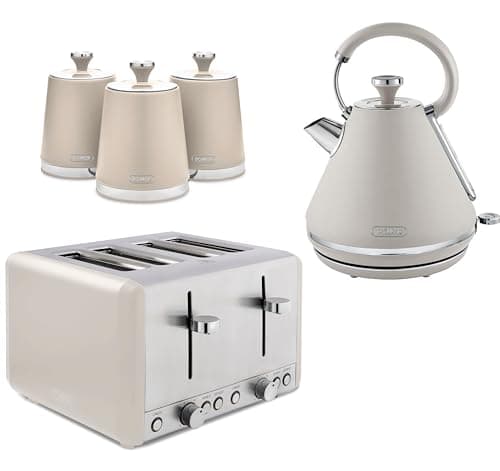 Image of Tower Cavaletto Latte Pyramid Kettle, 4 Slice Toaster & Tea, Coffee, Sugar Canisters Set. Contemporary Matching Kitchen Set in Latte Colour