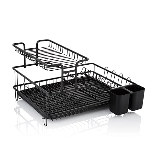 Image of Swan Stealth 15 Plate Dish Rack with Removable Cutlery Holder, Drip Tray, Space Saving Two Tier Design, Iron Body, Black, SWKA5070BLK