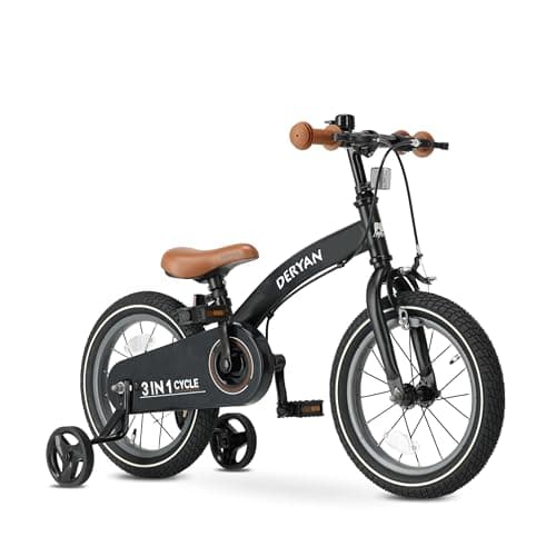 Image of DERYAN Kids Bike 14 Inch | 3-in-1 Balance Bike | Bike with Adjustable Seat and Handlebar | Kids Bike for Boys and Girls | Black