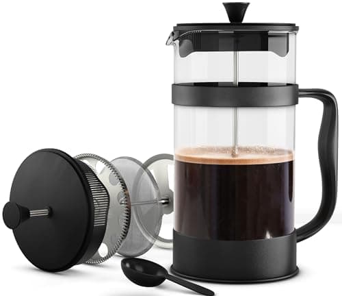 Image of KICHLY 600ml Cafetiere 4 Cup French Press Coffee Maker, Coffee Press and Tea Maker with Triple Filters, Heat Resistant Borosilicate Glass Caffettiere with Steel Plunger (0.6Ltr, Black, Pack of 12)