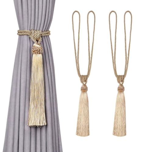 Image of Pretty Jolly 2 Pack Long Tassel Curtain Tiebacks European Style Decorative Drape Tie Backs Elegant Handmade Braided Rope Knot Curtain Holdbacks for Home & Office Window Drapery (Gold)