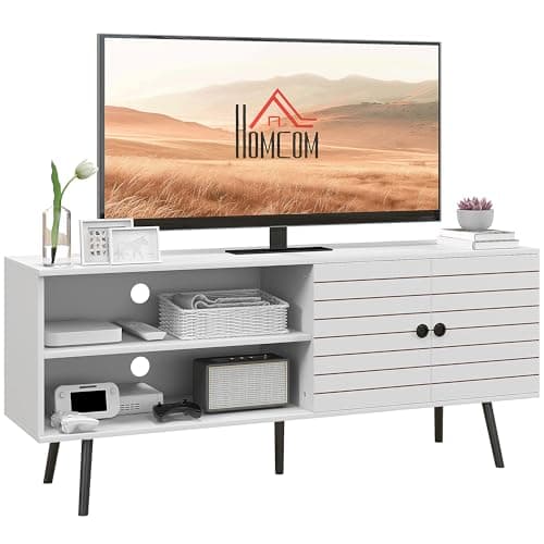 Image of HOMCOM TV Stand Cabinet for 65 Inch TVs, TV Unit with Open Shelves, Soft-close Door and Cable Holes, Entertainment Unit for Living Room, White