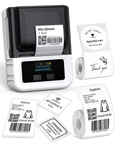Image of Phomemo M120 Bluetooth Label Printer - Portable Wireless Monochrome Label Printer Machine with 3 Rolls Label Paper for iOS & Android - Label Maker Machine for Clothing, Jewellery, Retail, Home, White