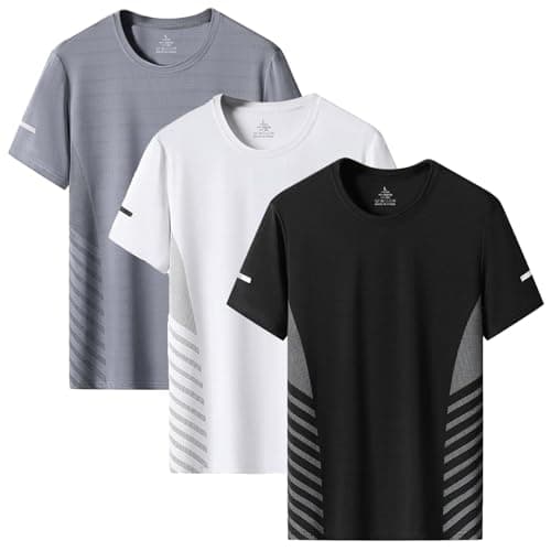 Image of 3 Pack Mens T-Shirts Quick Dry Sport Tops Breathable Moisture Wicking Athletic Gym Tshirts Crew Neck Running Workout Shirts (UK, Alpha, L, Regular, Regular, Black+White+Grey)
