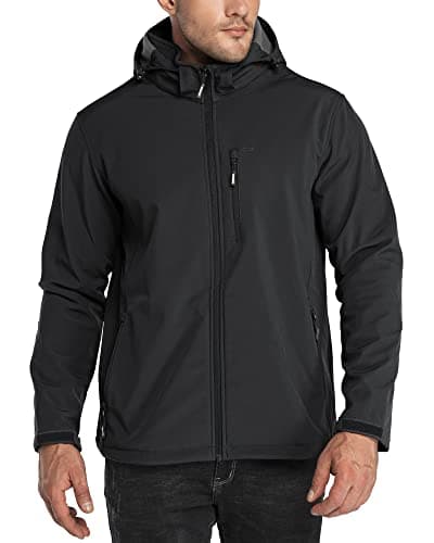Image of 33,000ft Men's Waterproof Jackets Fleece Lining Softshell Jacket - Multi Pockets Outdoor Windproof Coat With Detachable Hood Black L