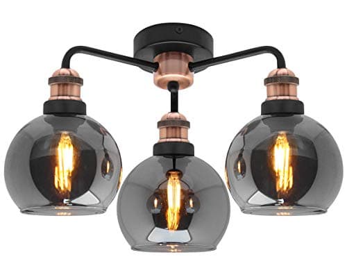 Image of Modern Grey Glass Ceiling Light 3 Globe Shades Round Chandelier Antique Vintage Copper Lamp Holder M0 232