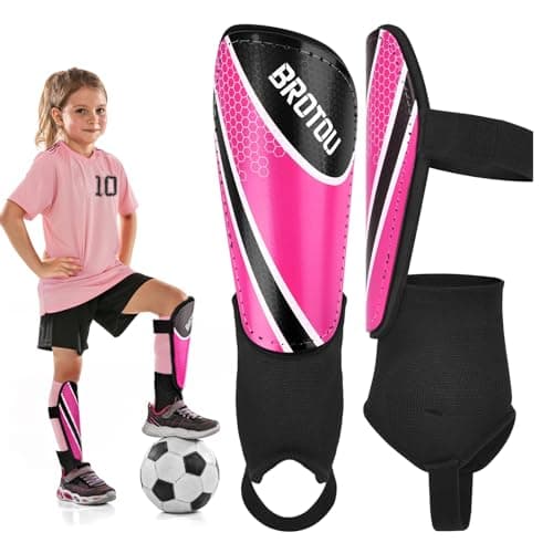 Image of Youth Football Shin Guards, BROTOU High Strength Junior Shin Pads with Calf & Ankle Protection, Lightweight Design, Breathable, Non Slip Extended Adjustable Straps, for Boys and Girls (S, Rose Red)