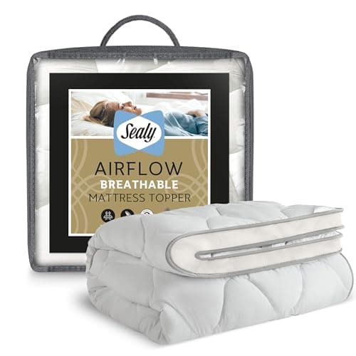 Image of Sealy Airflow Mattress Topper - Mesh Sides Prevents Overheating - Extra Deep Topper Filled with Down-Like Fibadown Fibres for Comfort - Elasticated Straps for Secure Fit, Machine Washable, Double