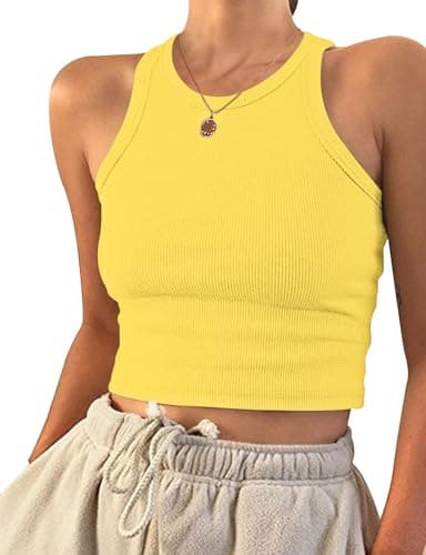 Image of PLOKNRD Womens Tops Ladies Crop Tank Top Vests Summer Basic Clothing Yellow S