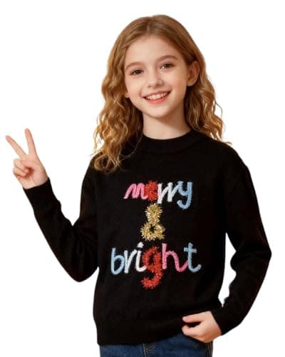 Image of Xumplo Girls Ugly Christmas Jumpers Kids Sequin Letter Print Tops Xmas Pullover Childrens Round Neck Sweatshirts Black 7-8 Years