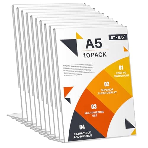 Image of WenYa A5 Acrylic Sign Holder (10 Pack) - Slant Back Clear Tabletop Display Stand for Menus, Posters, Signage | L-Shape Countertop Frame for Office, Restaurant, Retail
