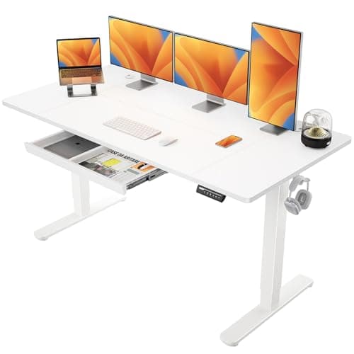 Image of ErGear Electric Standing Desk 160 x 80 cm, Height Adjustable Desk, Sit Stand Table with Easy-Glide Drawer & 4 Memory Smart Pannal, T-Leg Design for Stability, Splice Board, White Frame & Surface