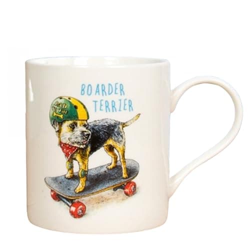 Image of Lesser & Pavey Border Terrier Mug 'Boarder Terrier' Skateboard Play on Words Quality Ceramic Mug in Gift Box