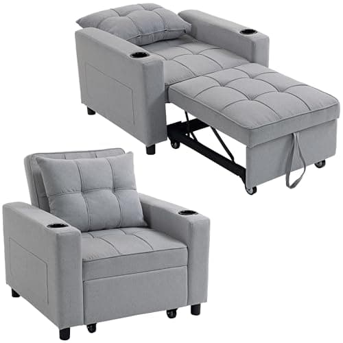 Image of HOMCOM 3-in-1 Single Sofa Bed, Convertible Sleeper Chair Bed with Adjustable Backrest, Fabric Pull Out Chair with Pillow, Side Pockets and Cup Holders for Living Room, Bedroom, Small Space, Light Grey