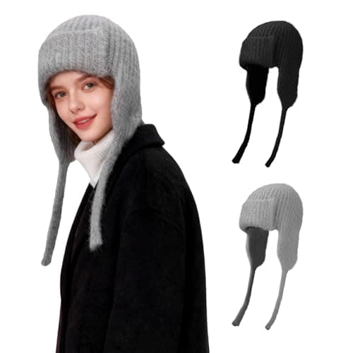 Image of TAGVO 2 PCS Women's Winter Knit Hats, Soft Faux Mink Beanies with Earflaps & Tie Strings, Lightweight Skull Cap Warm Trapper Hat for Outdoors