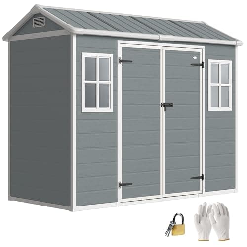 Image of Outsunny 8 x 4 ft Resin Garden Shed, Wood-Effect Outdoor Storage Shed with Floor, Double Windows, Lockable Doors and Vents, for Tools, Bike, Generator, Light Grey