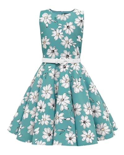 Image of BlackButterfly Kids 'Audrey' Vintage Daisy 50's Girls Dress (Turquoise Floral, 13-14 Years)