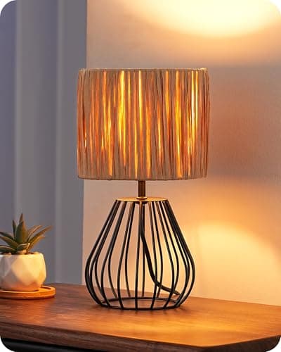 Image of EDISHINE Small Rattan Table Lamp, Industrial Bedside Lamp, Handwoven Lampshade, Boho Lamps for Living Room, Bedroom, 2700K LED Bulb Included, Wrinkled Lampshade