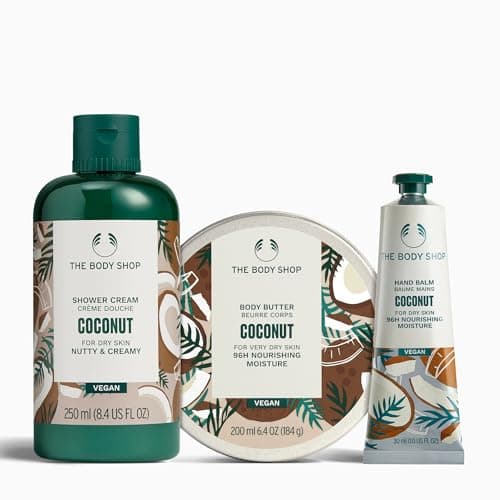 Image of The Body Shop Nutty Body Care Collection, Coconut Shower Cream 250ml, Coconut Body Butter 200ml, Coconut Hand Balm 30ml, 96hr Moisture for Dry Skin, Tropical Scent, Vegan Body Care for Sensitive Skin