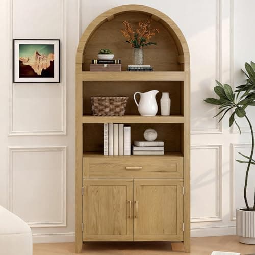 Image of OOFAYJIA 63" Tall Arched Cabinets with Storage, Mid-Century Modern 5-Tier Bookshelf with Door, Wood Bookshelf W/Open Display Shelves for Living Room, Kitchen, Home Office (Style 1)