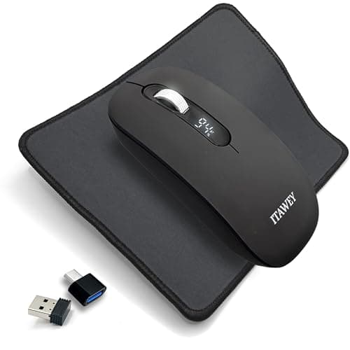 Image of Wireless Mouse & Mouse Mat Set - LCD Display, Bluetooth & USB Receiver, Tri-Mode, Rechargeable Battery, Quiet Clicks, with USB-C Converter, precise Steel Scroll Wheel, 3200 DPI for PC, Laptop, Tablet