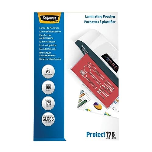 Image of Fellowes A3 Laminating Pouches - Glossy Finish - 100 Sheets, 350 Micron (2 x 175 Micron) Premium - Ideal for Notices, Photos, Creatives, Certificates, Menus and Everyday Use