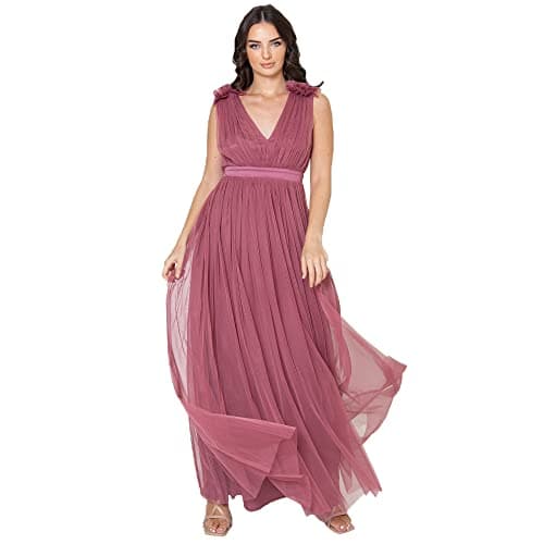 Image of Maya Deluxe Women's Ladies Maxi Dress with Ruffle V Neck Sleeveless High Empire Waist Long for Prom Guest Wedding Bridesmaid, Desert Rose, 20