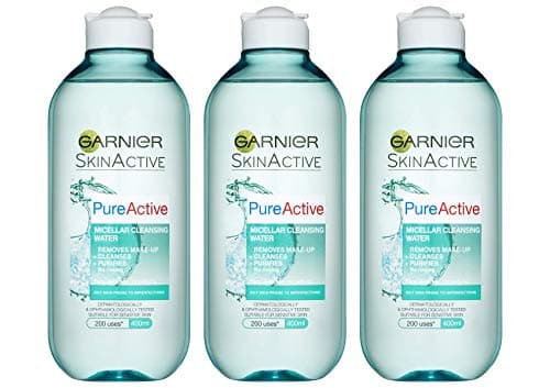 Image of Garnier Pure Active Micellar Facial Cleansing Water for Combination, Oily and Sensitive Skin, Purifying Face and Eye Make-up Remover and Cleanser, 400 ml Pack of 3