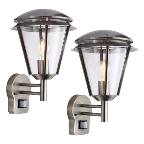 Image of INOVA Outdoor Lights with Sensor - Security Lights Outdoor Motion Sensor - Brushed Stainless Steel PIR Motion Sensor Lights - Motion Detector Outside Lights - IP44 Weatherproof Wall Lights - 2 Pack