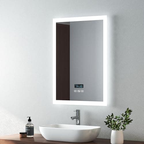 Image of EMKE Illuminated Bathroom Mirror LED Light, 500x700 mm Bathroom Mirror with Shaver Sockets, Demister + Bluetooth Speaker + Touch Switch, Wall Mounted Mirrors Vertical