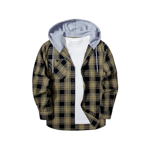 Image of JACKETOWN Men's Hoodies Long Sleeve Casual Plaid Flannel Shirt Mens Jackets Top Button Down Shirts for Men Cotton Lumberjack Regular Fit Yellow Black